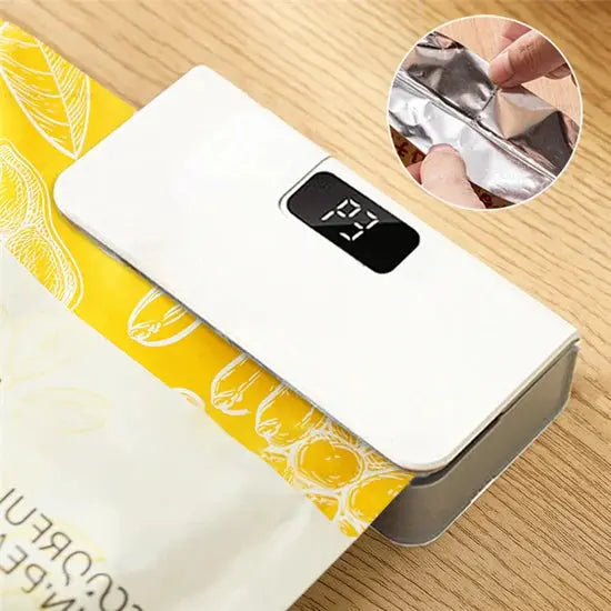 Portable bag sealer in use sealing a snack bag on a kitchen counter