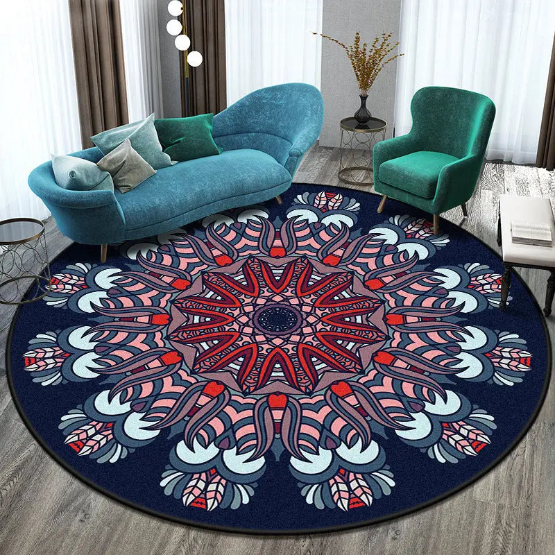 Round boho area rug in an alternate colorway styled on a wood floor