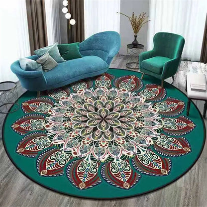Round boho area rug styled in a full living room setting with furniture