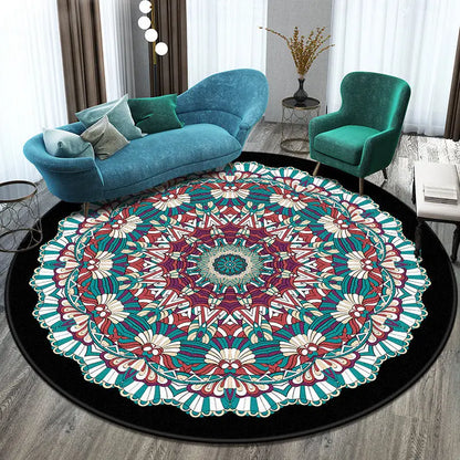 Close-up of the round boho area rug pattern and texture detail