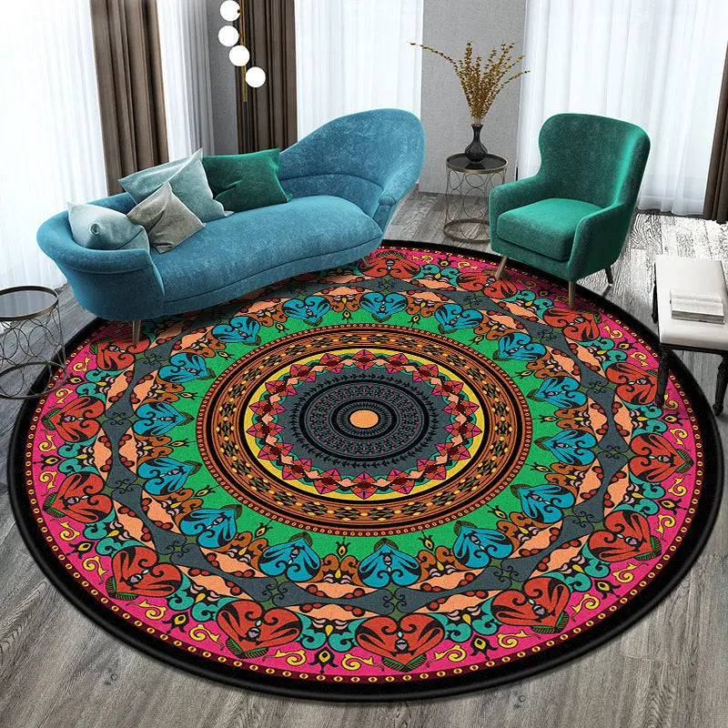 Round boho area rug in teal, white, and burgundy pattern styled in a living room