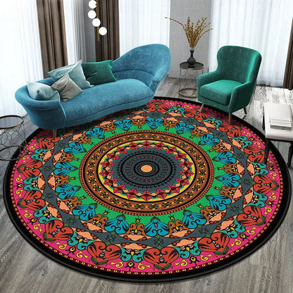 Round boho area rug in teal, white, and burgundy pattern styled in a living room