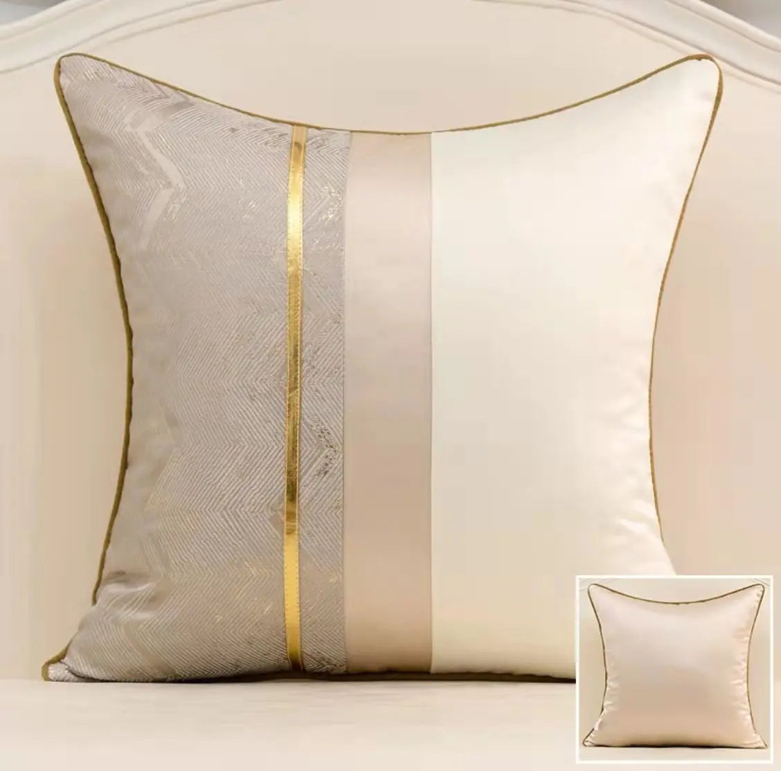 Satin splicing cushion cover in cream and gold stripe color combination