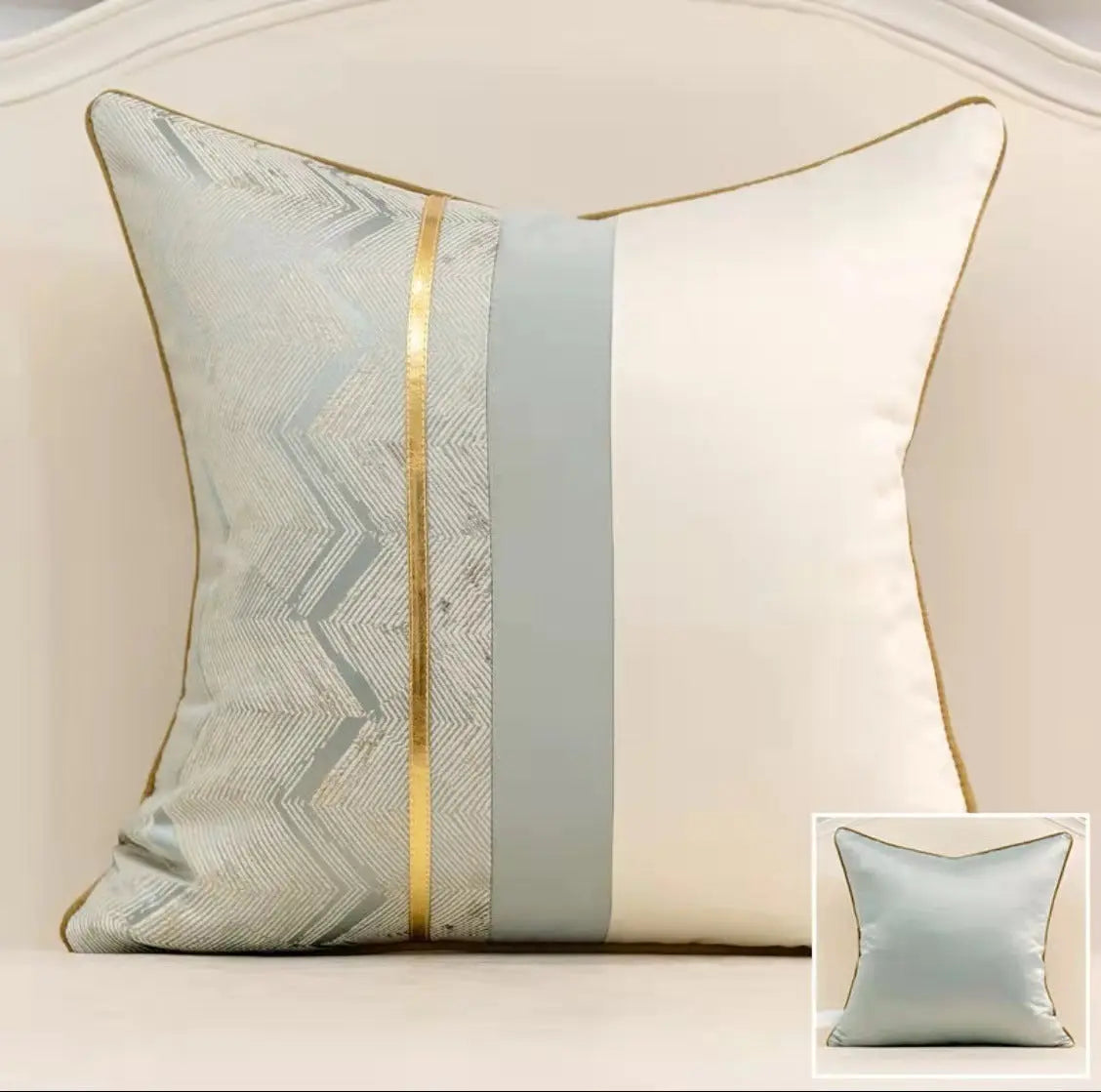 Satin splicing cushion cover in light blue and cream color combination
