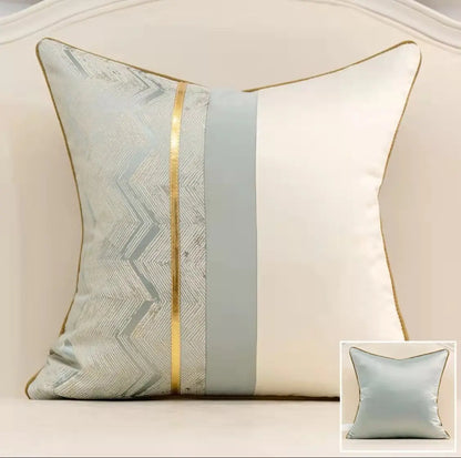 Satin splicing cushion cover in light blue and cream color combination