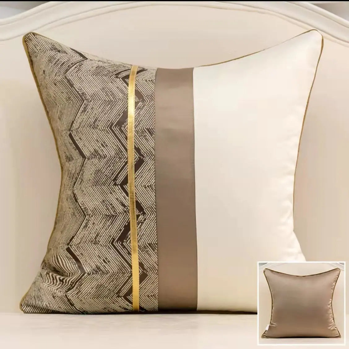 Satin splicing cushion cover in taupe and gold stripe color combination