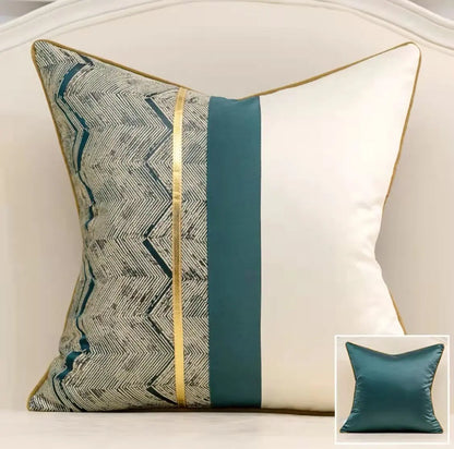 Satin splicing cushion cover in teal and gold stripe color combination