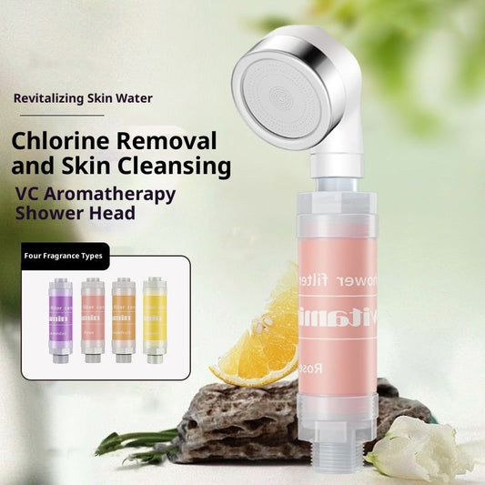 Aromatherapy shower filter rod chlorine removal feature infographic