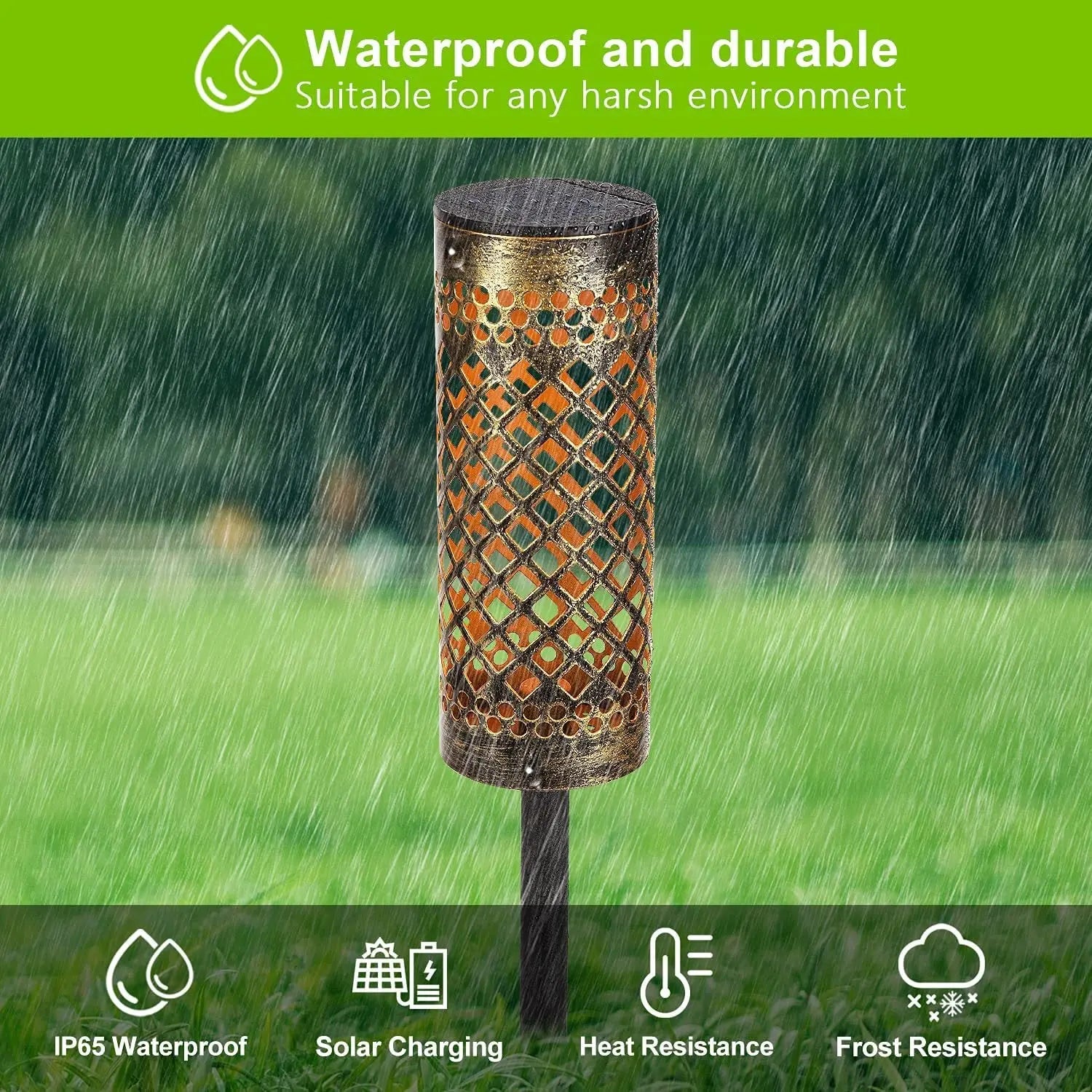 Multiple waterproof solar lawn lights installed in a row along a garden path