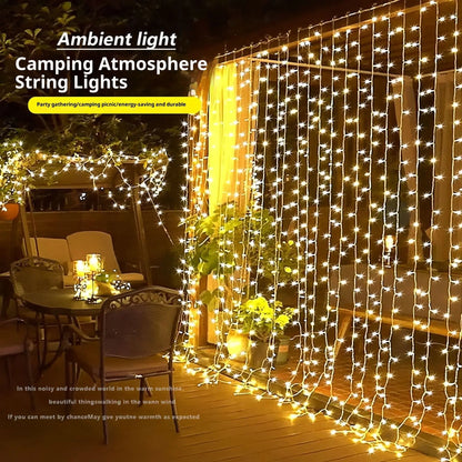 Starry sky copper wire curtain lights set up for camping and outdoor atmosphere lighting