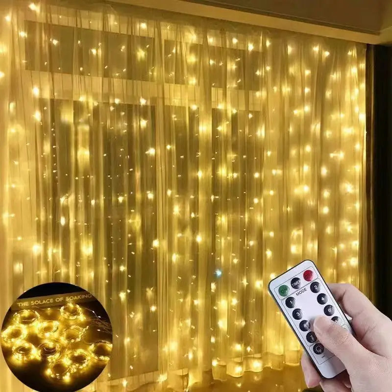 Close-up of starry sky curtain lights being adjusted with the included remote control