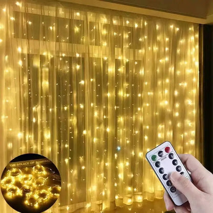 Close-up of starry sky curtain lights being adjusted with the included remote control