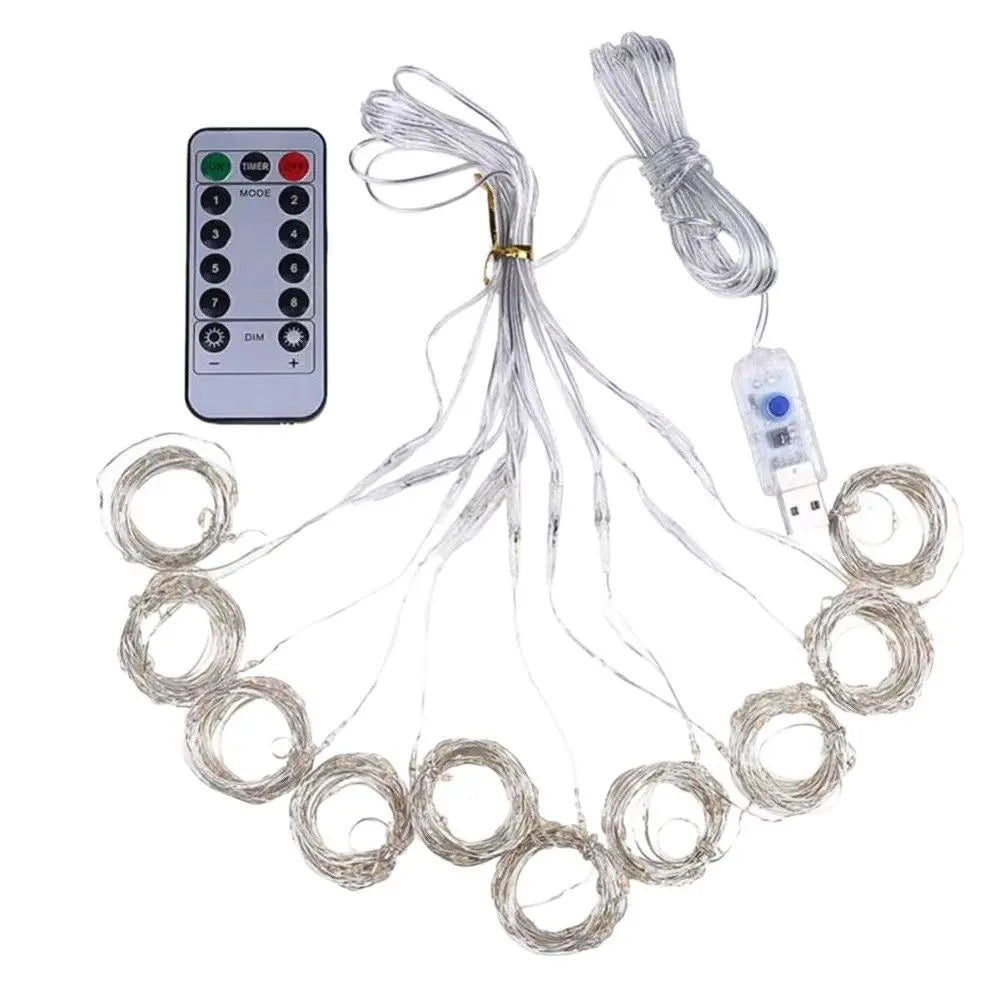 Starry sky copper wire curtain lights coiled product shot with remote control accessory