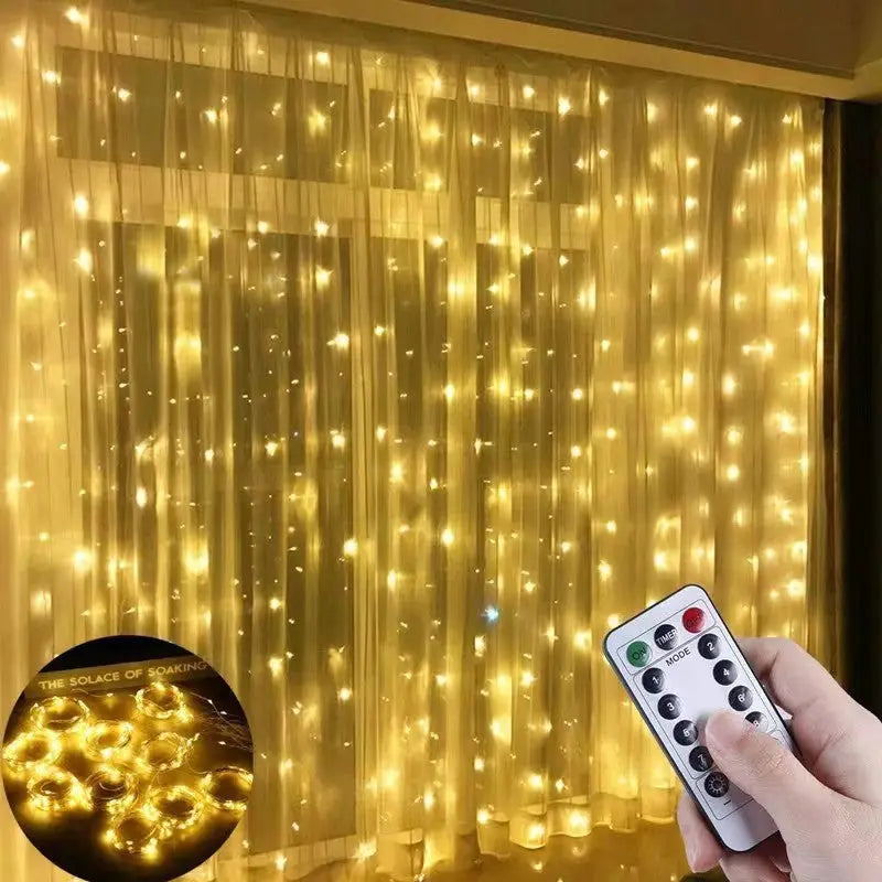 Starry sky copper wire curtain lights glowing with remote control detail inset