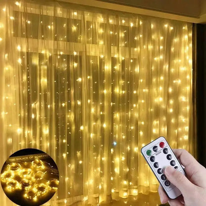 Starry sky copper wire curtain lights glowing with remote control detail inset