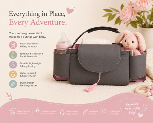 Grey stroller organiser bag holding a baby bottle, wipes and a plush toy, with features listed: fits most strollers, spacious pockets, durable, water-resistant, easy to clean