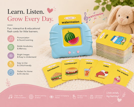 Blue talking flash card machine with yellow food and drink cards, with features listed: pronunciation and sound learning, builds vocabulary, bright images, easy to use, portable
