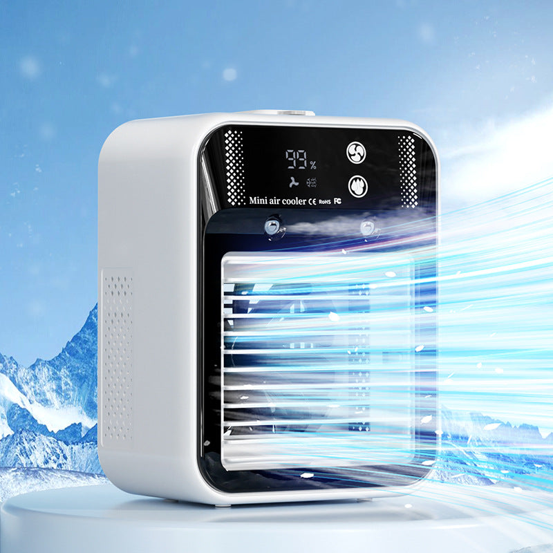 Portable USB air cooler fan digital display showing humidity percentage