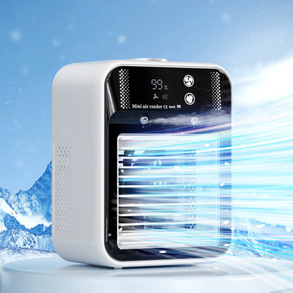 Portable USB air cooler fan digital display showing humidity percentage