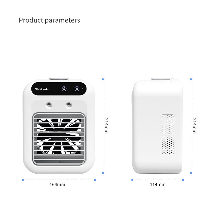 Portable USB air cooler fan shown with product dimensions