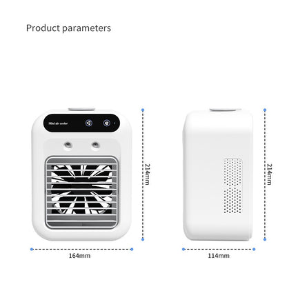 Portable USB air cooler fan shown with product dimensions