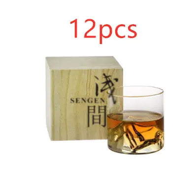 Japanese-style whiskey glass set shown with size dimensions