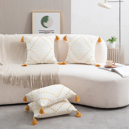 Close-up of the yellow flower print pattern on the cushion cover fabric